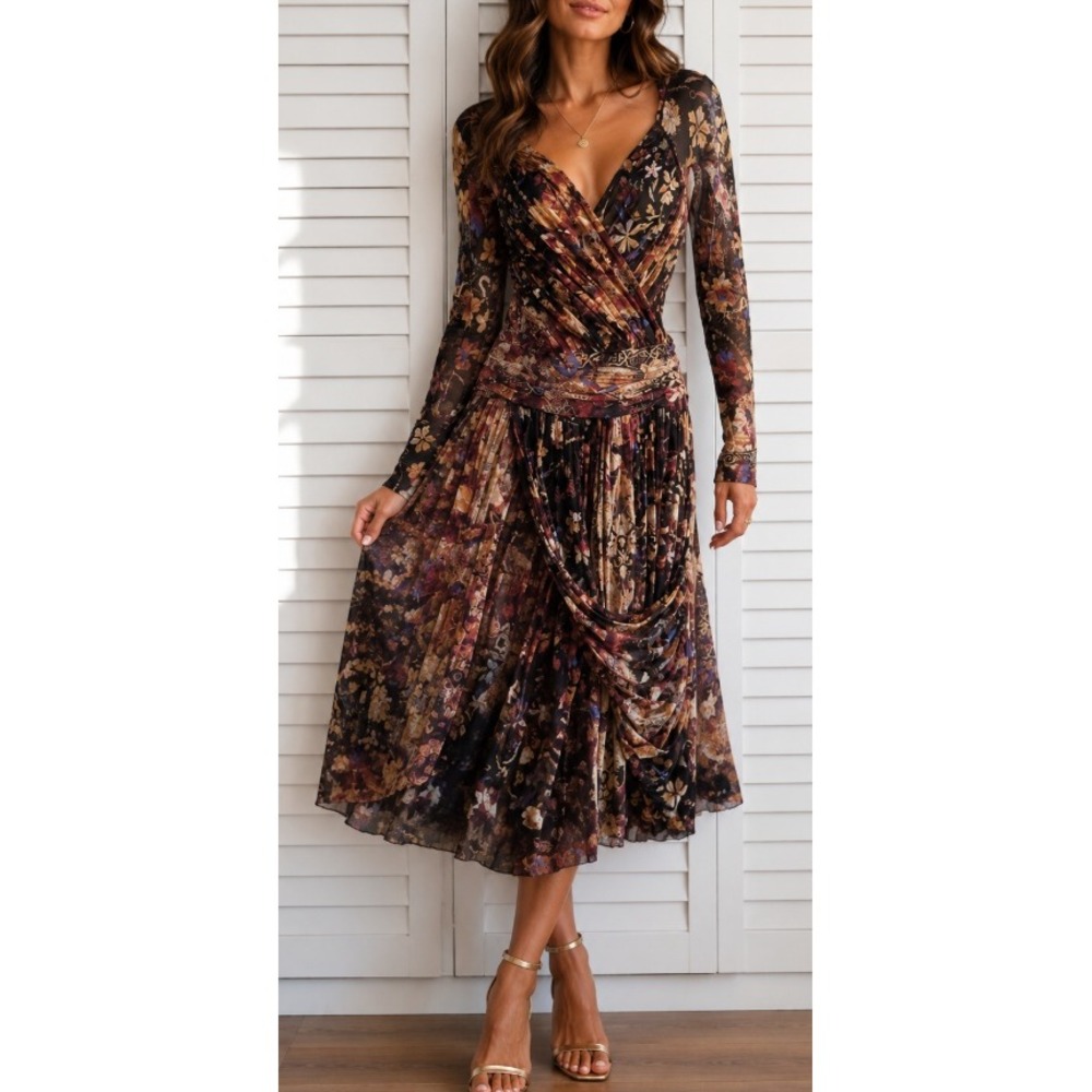 Fuzzi Italy Floral Mesh Ruched Wrap V-Neck Midi Dress Long Sleeve L